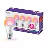 WiZ Bombilla Inteligente LED A60, RGB, E27, equivalente a 60 W, 2200-6500 K, 806 lm, regulable, compatible con Alexa, Google Assistant y Apple Home, paquete 4 ud