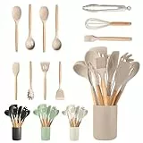 JUPPLIES Juego de Utensilios de Cocina de Silicona 12 Piezas con Mangos de Madera y Soporte Organizador – Set Antiadherente Resistente al Calor – Apto para Todas Las Ollas y Sartenes - Marrón