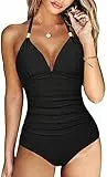 Vancavoo Mujer Traje de Baño de Una Pieza para Playa Cuello en V Bañador Natación Reductores Push Up Monokini Bañadores Cintura Alta Halter Bañador para Verano(Negro,S)