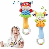 LEADSTAR Sonajero Bebe, 2 Piezas Juguetes Peluches Sonajeros Bebes Muñeca Juguete Sensoriales de Animales Suaves con Mango Cómodo para Recien Nacidos Infantil Bebé 0 3 6 9 12 Meses (Becerro y Gato)