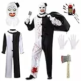 Herenear Disfraz Payaso Asesino, Disfraz Terrifier Hombre, Disfrazs Payaso Halloween con Mono Negro Blanco y Mascara Terrifier, Disfrazs Adulto con Sangre Falsa para Halloween Carnaval Cosplay (M)