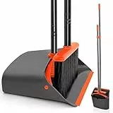 JEHONN Recogedor Plegable y Escoba de Mango Largo de 137 cm, Cepillo Barrer y Recogedor Vertical con Peine Dientes para Interior Casa Cocina Vestíbulo Jardín Oficina Habitación (Negro Naranja)