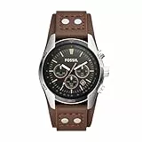 Fossil Reloj para hombre Coachman, movimiento cronógrafo de cuarzo, caja de acero inoxidable plateado de 44mm con correa de piel auténtica, CH2891