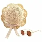 1 Sombrero De Paja para Niños, 1 Par De Gafas De Sol, Sombrero De Paja Suave, Sombrero De Paja De Encaje, Sombrero De Paja Dulce Y Dulce con Decoración De Lazo, Sombrero De Playa De Verano