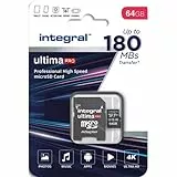 Integral Tarjeta Micro SD de 64GB vídeo 4K Velocidad de Lectura 180 MB/s y Velocidad de Escritura 45MB/s MicroSDXC A2 C10 U3 UHS-I 180-V30 Nuestra Tarjeta de Memoria SD de Alta Velocidad más rápida