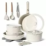 Juego de Cocina Antiadherente 18 Piezas – Ollas y Sartén con Mango Extraíble – Apto para Inducción – Sin PFOA – Fácil de Lavar a Mano (beige)