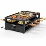 Princess 162655 Raclette en acero negro, para 8 personas y con plataforma para dejar las sartenes de raclette usadas, amplia superficie para cocinar de 44 x 25 cm, termostato ajustable, 1300 W