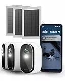 Arlo Essential 3 Camara Vigilancia WiFi Exterior + Panel Solar (3), HD, Camara Vigilancia WiFi Interior, Sensor de Movimiento, Alarmas para Casa, Prueba Secure Incluida, 3 Cámaras, Blancas