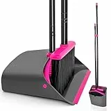 JEHONN Recogedor Plegable y Escoba de Mango Largo de 137 cm, Cepillo Barrer y Recogedor Vertical con Peine Dientes para Interior Casa Cocina Vestíbulo Jardín Oficina Habitación (Rojo Rosa)