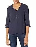 Amazon Essentials Camisa con Botones y Manga 3/4, Blusa de Corte Holgado con Cuello en V Mujer, Azul Marino, XXL