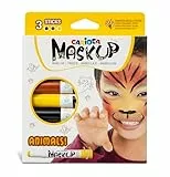 Carioca Mask Up Animales, Kit de Pintura Facial para Niños y Niñas, Barras de Maquillaje Ideal para Navidad, Halloween, Carnaval y Fiestas - 3 Colores y 2 Tutoriales - Dermatológicamente Testado