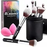 BEAKEY Set de Brochas de Maquillaje, Synthetic Kabuki para Base Polvos Colorete Contorno, con Esponja (10+2 Piezas, Negro/Plateado)
