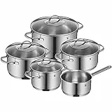 WMF Provence Plus - Batería de Cocina 5 Piezas, Acero Inoxidable Apto para Inducción, 1 Cacerola Baja de 20 cm, 3 Cacerolas Altas de 16 cm, 20 cm y 24 cm, 1 Cazo 16 cm con 4 Tapas de Cristal