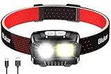 Blukar Linterna Frontal Recargable, 2000L Super Brillante Impermeable Linterna Cabeza LED Con Sensor de Movimiento y Luces de Advertencia Rojas, 8 Modos Luz, Larga Duración