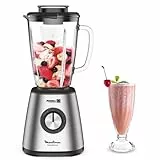Moulinex batidora de vaso potente, 5 velocidades, función Pulse, 6 cuchillas Powelix, cuerpo de acero inoxidable, jarra de cristal termorresistente de 1,75 l, pica hielo, 800 W, LM439D