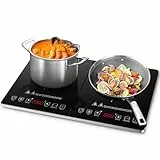 AMZCHEF Placa Inducción 2 Fuegos, Placa de Inducción Doble con Control Independiente, Bisel de Plata de Moda, 20 Niveles de Temperatura, Múltiples Niveles de Potencia, Temporizador de 3 Horas, 3500W