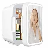 YASHE Mini Nevera para Dormitorio, Skincare Nevera con Espejo LED, Pequeña Nevera de 4L Portátil, Calentador y Enfriador Termoeléctrico 220V AC / 12V DC para Coche, Oficina, Dormitorio (blanca)