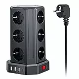 Torre Regletas Enchufes con Cable 5M, Regleta USB 12 Tomas de AC Corrientes y 4 USB, 3680W/16A, Regreltas Vertical con Interruptor para Mesa, Oficia, Casa