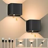 GuKKK Aplique de Pared Interior Con Sensor de Movimiento - 2 Piezas Lámpara Inalámbrica Recargable, Blanco Cálido 3000K, Ángulo de Haz Regulable (Negro)