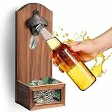 goldmiky Abridor Cerveza,Abrebotellas de Pared, Abridor de Botellas de Madera con Estilo Retro, Hay Una Cestilla Pequeña para Guardar Tapas de Botella,abrelatas Colgante y Tenedor de la Tapa