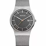 BERING 11938-007 Reloj de cuarzo para hombre con caja de acero inoxidable de 40 mm con acabado en gris y esfera gris, correa milanesa, cristal de zafiro y resistencia al agua de 3 ATM