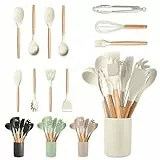 JUPPLIES Juego de Utensilios de Cocina de Silicona 12 Piezas con Mangos de Madera y Soporte Organizador – Set Antiadherente Resistente al Calor – Apto para Todas Las Ollas y Sartenes - Beige