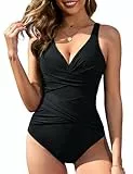 Vancavoo Bañadores Mujer Reductores Vientre Plano Bañador Una Pieza Trajes de Baño con Escote en V Cruce Torácico Push Up Ropa de Baño,Negro,L
