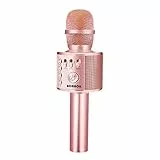 BONAOK Micrófono Inalámbrico de Karaoke Bluetooth, 3-en-1 Portátil Karaoke Portátil Mic Regalo de Altavoces para Ffiestas en el Hogar para iPhone/Android iPad PC Smartphone (Oro Rosa Plus)