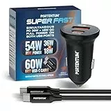 PORTENTUM Doble Cargador Coche Carga Rapida Simultánea 54W + 60W Cable USB C Fast Charge – USBC PD 36W + USBA QC 18W – Accesorio Mechero - para iPhone iPad Android Tablet Smarphone Galaxy Consola