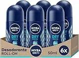NIVEA MEN Dry Fresh Roll-on pack (6 x 50 ml), desodorante antitranspirante con protección 72 h, desodorante roll-on de cuidado masculino testado en la vida real