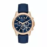Armani Exchange Reloj Hombre, Movimiento cronógrafo, 44mm Caja de acero color oro rosa con correa de piel, AX1723, Azul y tono oro rosa