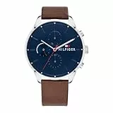 Tommy Hilfiger Reloj Analógico Multifuncional para Hombre - Correa de Cuero Marrón, Esfera Azul Marino de 44mm, Movimiento de 3 Agujas, Resistente al Agua hasta 5ATM - 1791487