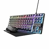 Trust GXT 1794 Pack Teclado Gaming QWERTY Español con Ratón y Alfombrilla, Combo LED 3 en 1, Ratón Inalámbrico Recargable para Gamer 80h de Autonomía, Teclado TKL USB para PC, Negro