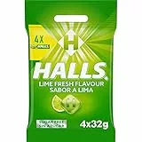 Halls Caramelos Sabor Lima, Sin Azúcar, Paquete de 4 x 32 g