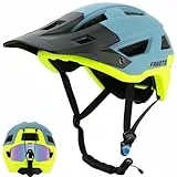Favoto Casco de Bicicleta de Montaña con Visera - Tecnología Doble Inmould Casco MTB Ciclismo Ligero para Adultos CE Certificado L(59-61cm) Ajustable Azul Verde Fluorescente