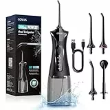 COSLUS Irrigador Bucal Portatil Irrigador Dental:4 Boquillas 4 Modos Recargable Limpiador de Riego para Limpieza Dental, 300ML IPX7 Impermeable Limpieza Dientes Para el Hogar y los Viajes Negro