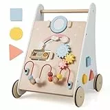 FANTASK Andador 7 en 1 de Madera, con Caja de Almacenamiento, Color Blanco, con Tablero de Juego, Espejo y Bloques de construcción, para bebés a Partir de 1 año