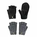 PFLYPF 2 Pares de Guantes Cálidos Convertibles de Punto Con Tapa, Medio Dedo, Unisex (Gris Oscuro, Negro)