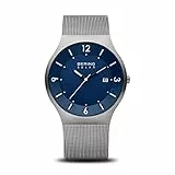 BERING 14440-007 Reloj solar para hombre con caja de acero inoxidable de 40 mm con acabado en gris y esfera azul, correa milanesa, cristal de zafiro y resistencia al agua de 5 ATM