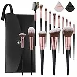 Vicloon Set de Brochas de Maquillaje, 15 Piezas Juego de Pinceles de Maquillaje Profesional con 2 Soplos de Polvo, Brochas de Maquillaje de Primera Calidad Set Para Fundación Corrector, Negro