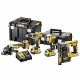 DEWALT KIT 18V: Taladro Percutor sin escobillas, Martillo Electroneumático, Amoladora y Atornillador de Impacto, 3x Baterías XR 18V, Cargador Rápido, Maletín TSTAK II y TSTAK VI, DCK422P3T-QW