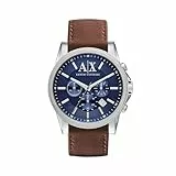 Armani Exchange Reloj Hombre, Movimiento Cronógrafo Cuarzo y Caja 45mm con Pulsera Piel, Tono marrón y plata