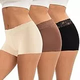 INNERSY Bragas Culotte Mujer Algodon Cintura Media Encaje Calzoncillos Bóxer Cómodos Pack de 3 (M, Negro/Rosa Claro/Marrón)