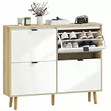 HOMCOM Zapatero Estrecho con 4 Puertas en Blanco Brillo, Zapatero Entrada Recibidor con Estantes Ajustables Patas de Madera, para 20 Pares de Zapatos, 105x24x92,5 cm Blanco