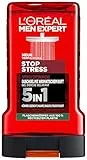 L'Oréal Men Expert Gel de ducha y champú para hombres, baño de ducha para limpiar el cuerpo, el cabello y la cara, cuidado corporal para hombre para una frescura duradera con fragancia aromática, Stop