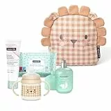 Suavinex, Mochila Guardería para Bebés, Canastilla - Regalo para Bebé con: Baby Cologne Memories 100 ml + Pomada Reparadora 50 ml + Pack 25 Toallitas Dermohidratantes + Taza de Aprendizaje, León Beige