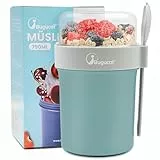 Bugucat Taza de Yogur 560ml+230ml, Porta Yogur y Fruta Vaso de Cereales para Llevar con Tapas y Cuchara, Reutilizable Porta Vaso Portátil Taza de Cereales con Recipiente para Ensaladas