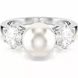 Swarovski Anillo de cóctel Matrix, Perla de cristal, Talla redonda, Blanco, Baño de rodio
