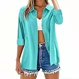Camisetas de manga larga para mujer, estilo casual, con botones, de lino y algodón, color liso, cuello en V, cuello enrollable, holgadas, de gran tamaño, ligeras, elegantes, para oficina, trabajo