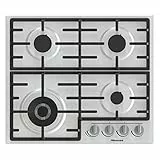 Hisense GM663XB - Cocina de gas, 4 zonas de cocción, ancho 60 cm, quemador wok de doble corona y parrillas de hierro fundido, encendido integrado, antihuellas, acero inoxidable